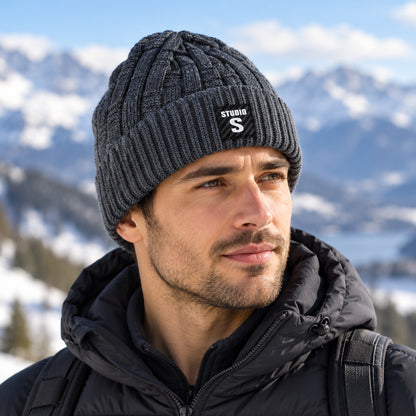 Winter knitted beanie cap with folded cuff view 08
