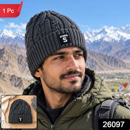 Winter knitted beanie cap with folded cuff 1 Pc label