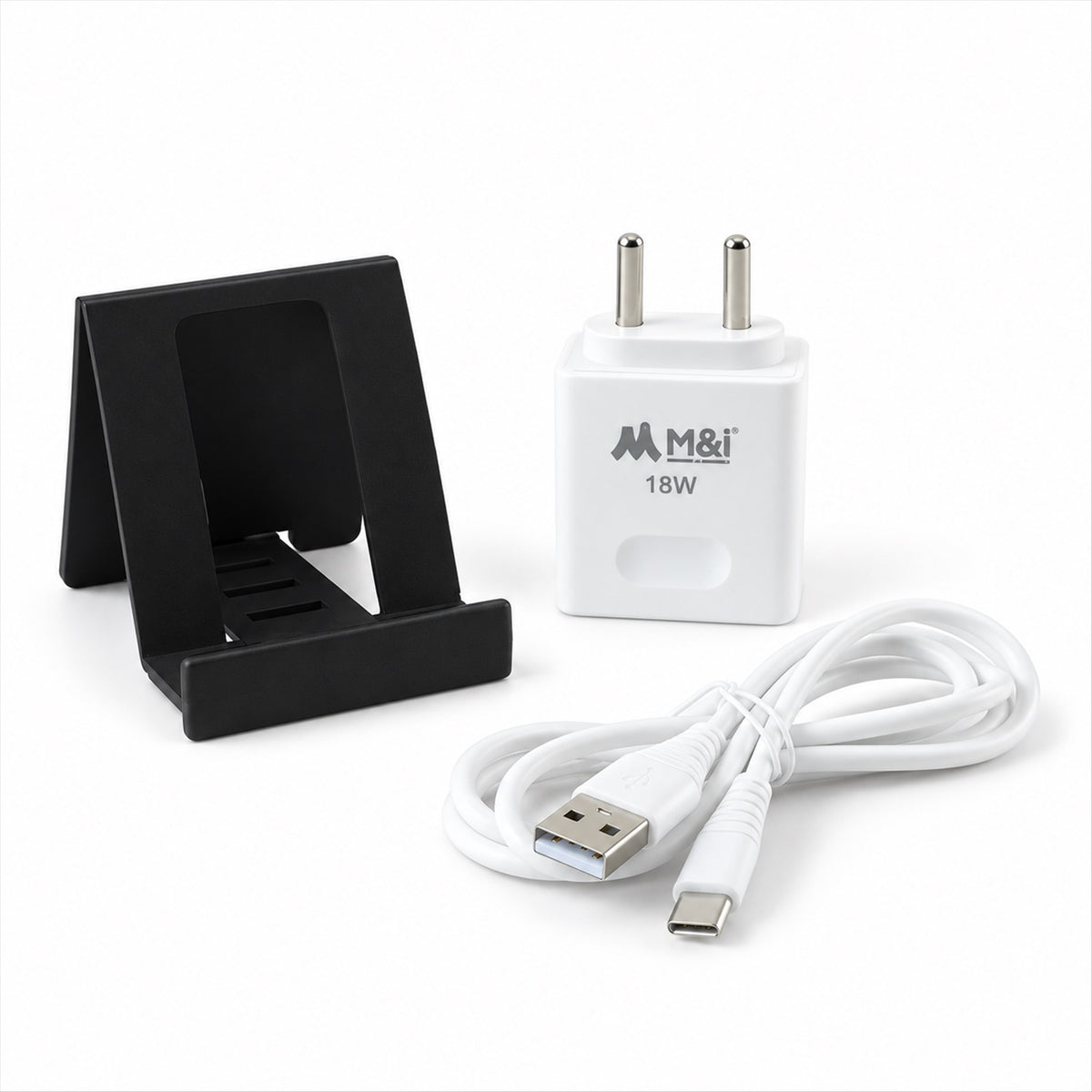 Black mobile stand, white 18W charger, and coiled white USB-A to Type-C cable.