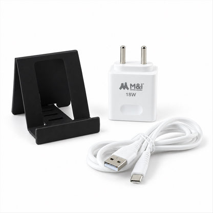 Black mobile stand, white 18W charger, and coiled white USB-A to Type-C cable.