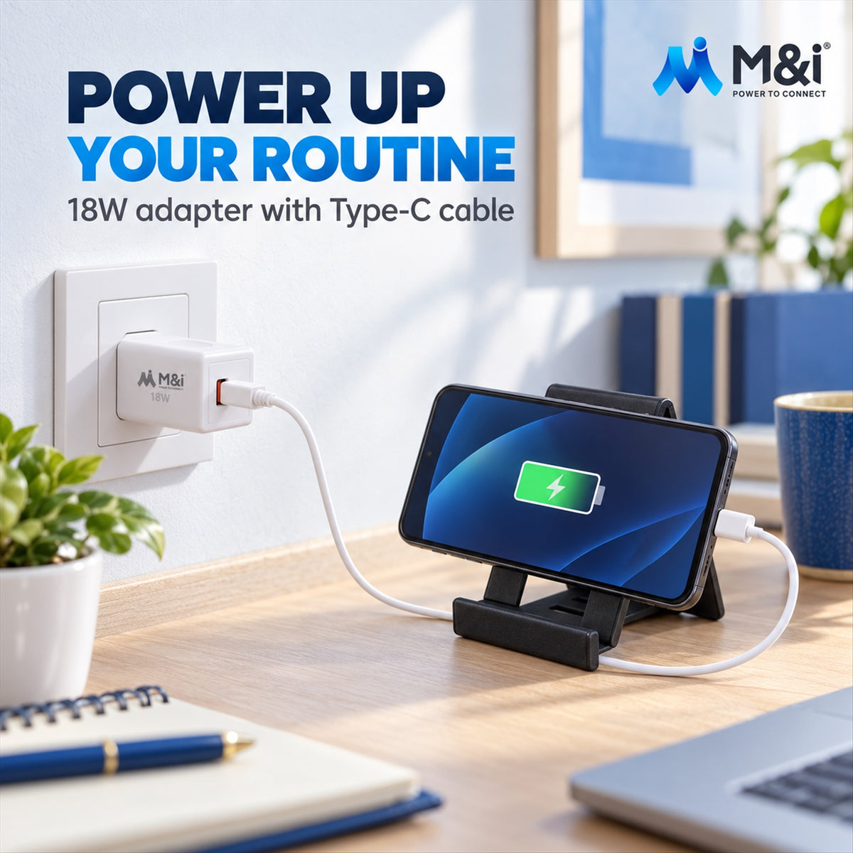 White charger plugged into a wall outlet, charging a phone on a black stand on a wooden desk.
