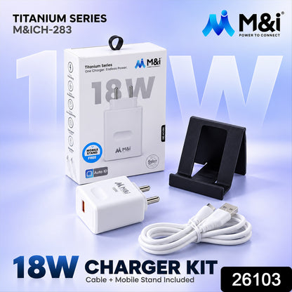 White box, white 18W charger, white cable, and black mobile stand on a blue background with a number.