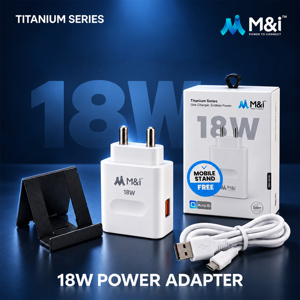 White 18W power adapter, coiled USB-A to Micro USB cable, and black mobile stand with product box.