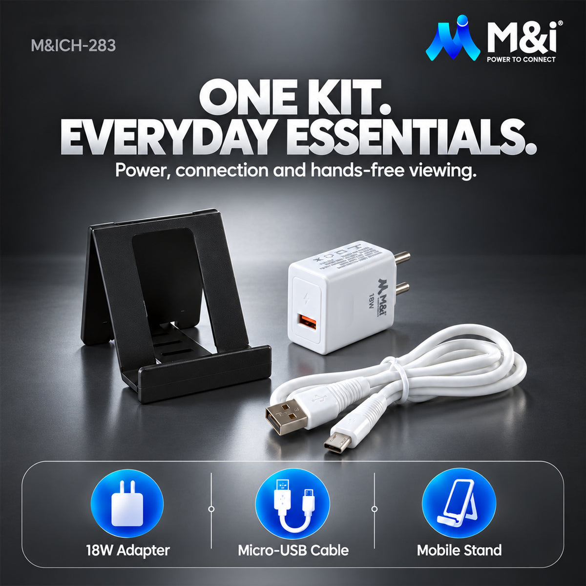 White 18W power adapter, coiled USB-A to Micro USB cable, and black mobile stand on a dark surface.