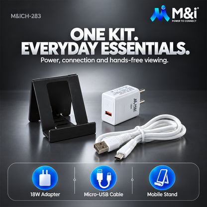 White 18W power adapter, coiled USB-A to Micro USB cable, and black mobile stand on a dark surface.