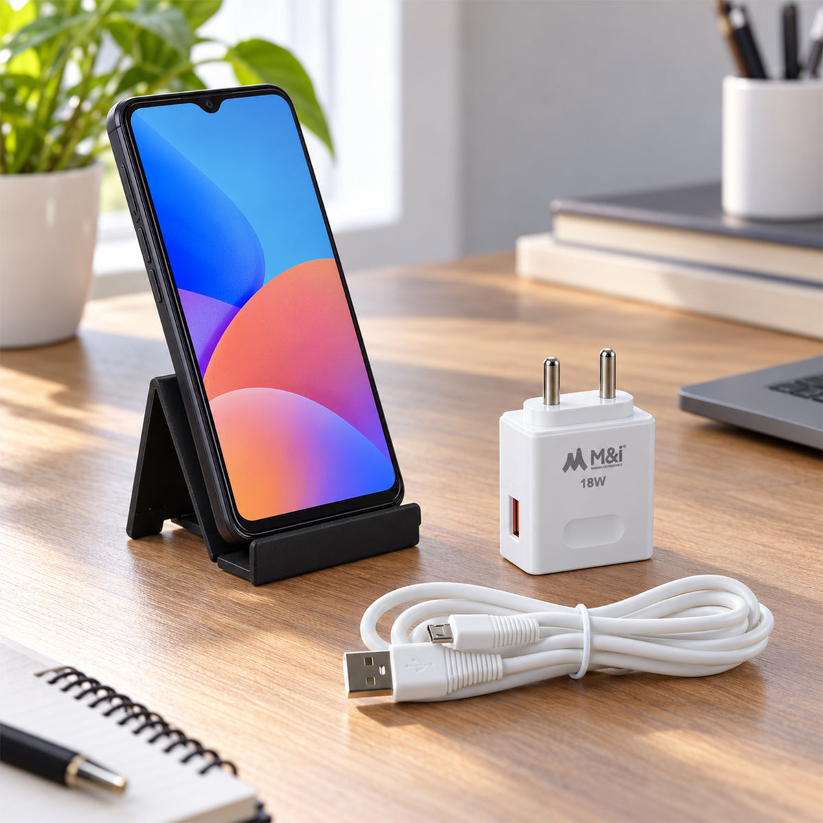 White 18W power adapter, coiled USB-A to Micro USB cable, and black mobile stand holding a phone on a desk.