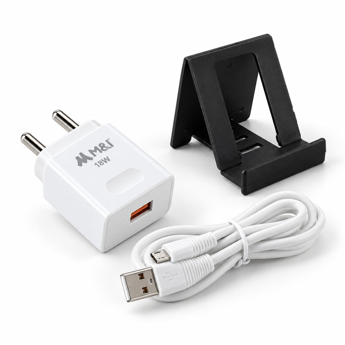 White 18W power adapter, coiled USB-A to Micro USB cable, and black mobile stand on a white background.