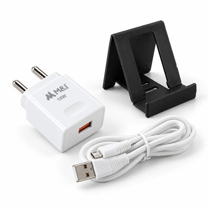 White 18W power adapter, coiled USB-A to Micro USB cable, and black mobile stand on a white background.