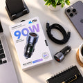 90W Dual Port USB & Type-C Car Charger with Type-C to Type-C Charging Cable