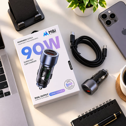 90W dual port USB-A and Type-C car charger with Type-C cable 01