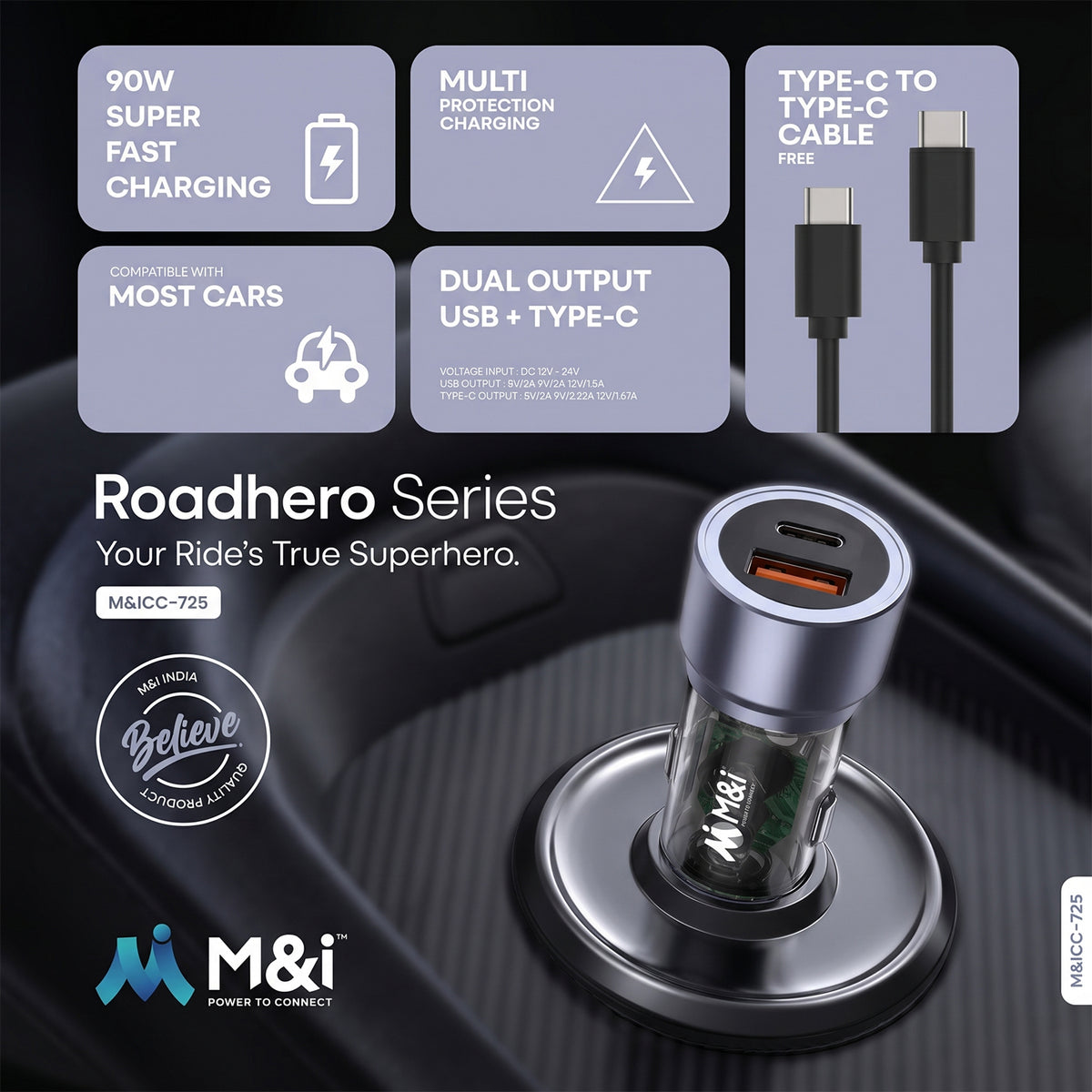 90W dual port USB-A and Type-C car charger with Type-C cable 02
