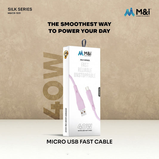White box packaging for a pink Micro USB fast charging cable, with 40W branding and M&I logo.