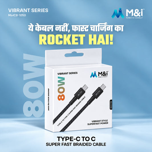 White product box with blue and black branding, showing a black braided USB-C cable. Text in Hindi and English on the box.