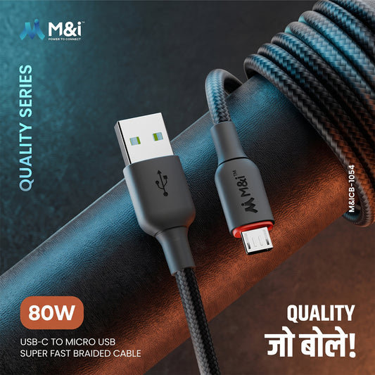 A black braided USB-A to Micro USB cable with red accents, coiled on a dark blue surface.