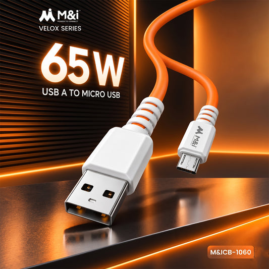 An orange USB-A to Micro USB cable with white connectors, against a dark background with orange glowing lines.