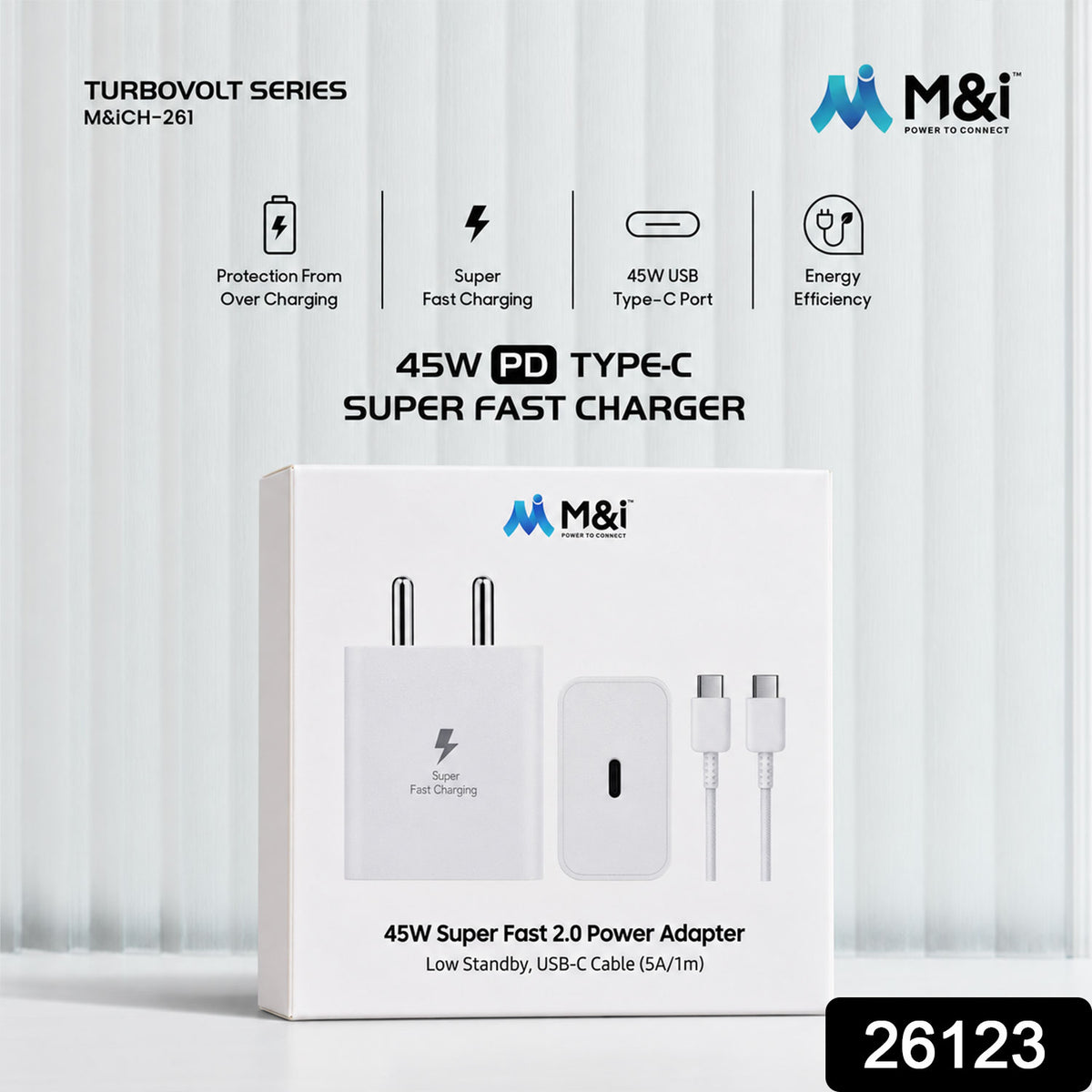 A white 45W PD Type-C Super Fast Charger with two prongs, featuring a lightning bolt icon.