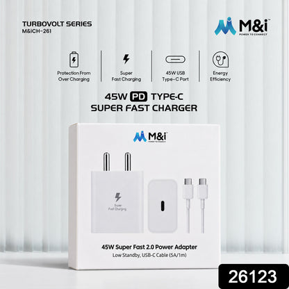 A white 45W PD Type-C Super Fast Charger with two prongs, featuring a lightning bolt icon.