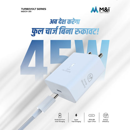 A white 45W PD Type-C Super Fast Charger with a USB-C cable plugged into its port.