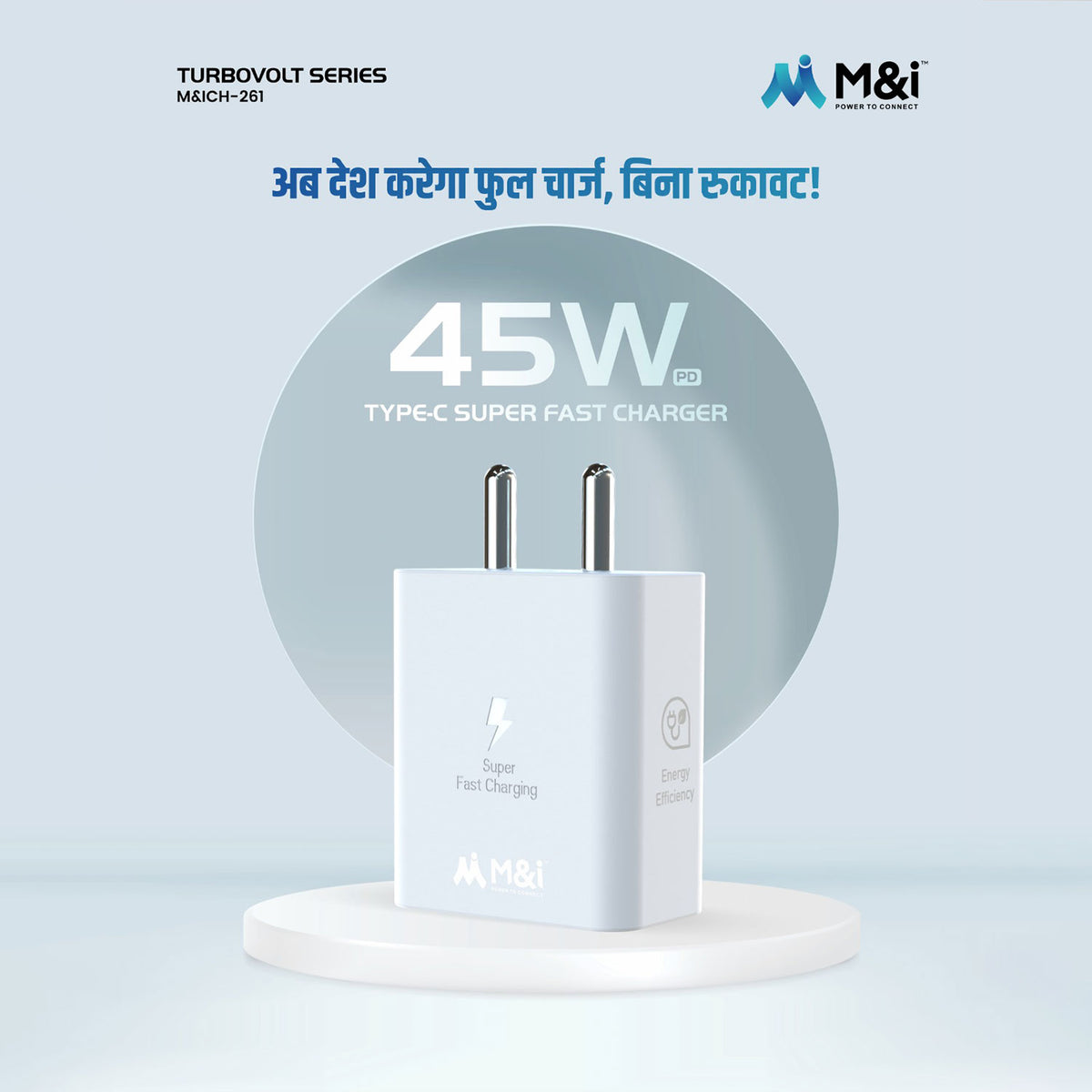 A white 45W PD Type-C Super Fast Charger standing upright on a circular white pedestal.