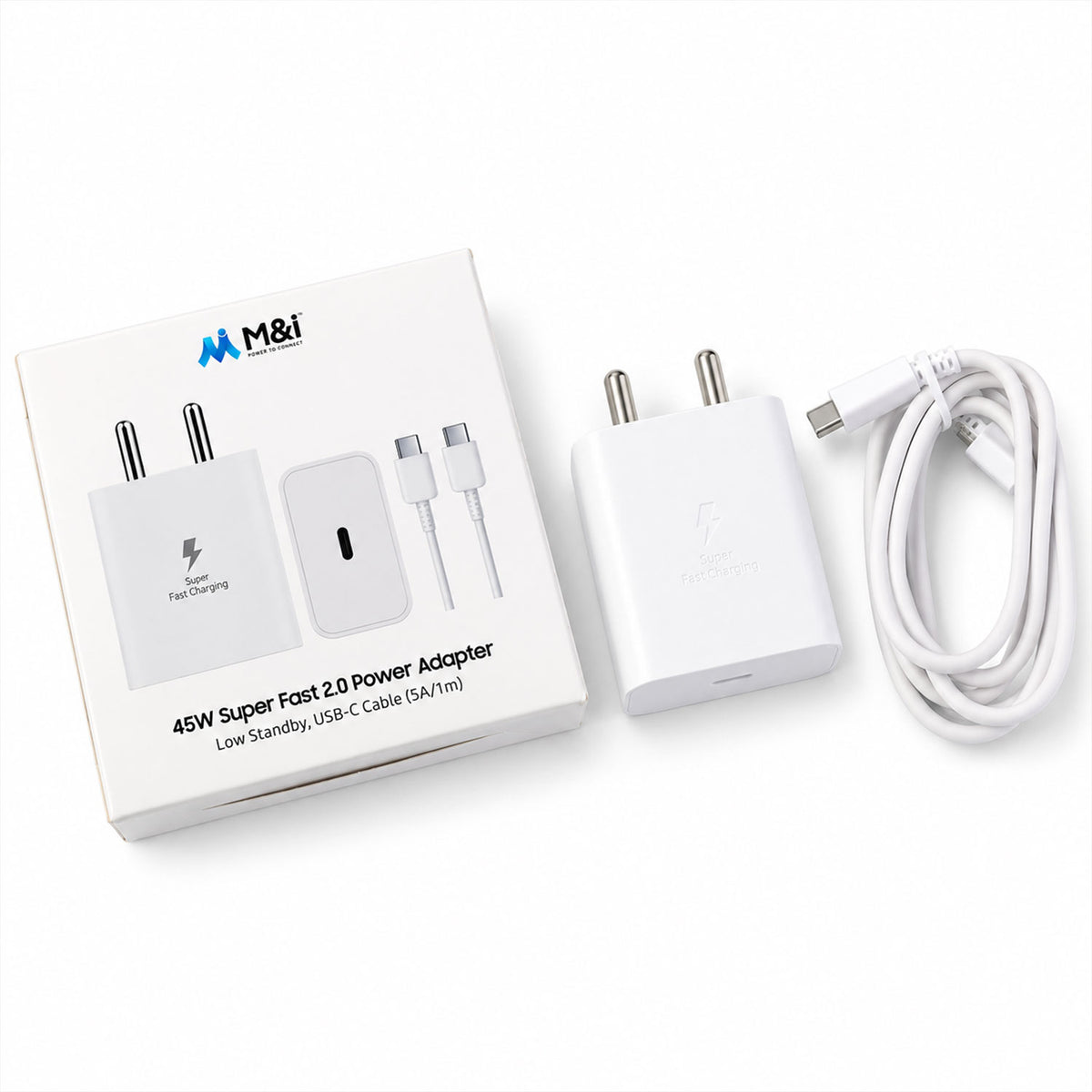 The white charger, its packaging, and a coiled white USB-C to USB-C cable laid out on a white surface.