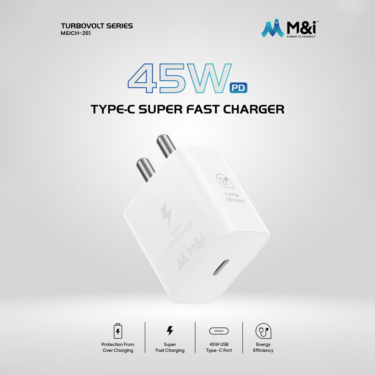 A white 45W PD Type-C Super Fast Charger angled to show its USB-C port and two prongs.