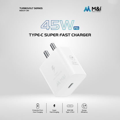 A white 45W PD Type-C Super Fast Charger angled to show its USB-C port and two prongs.