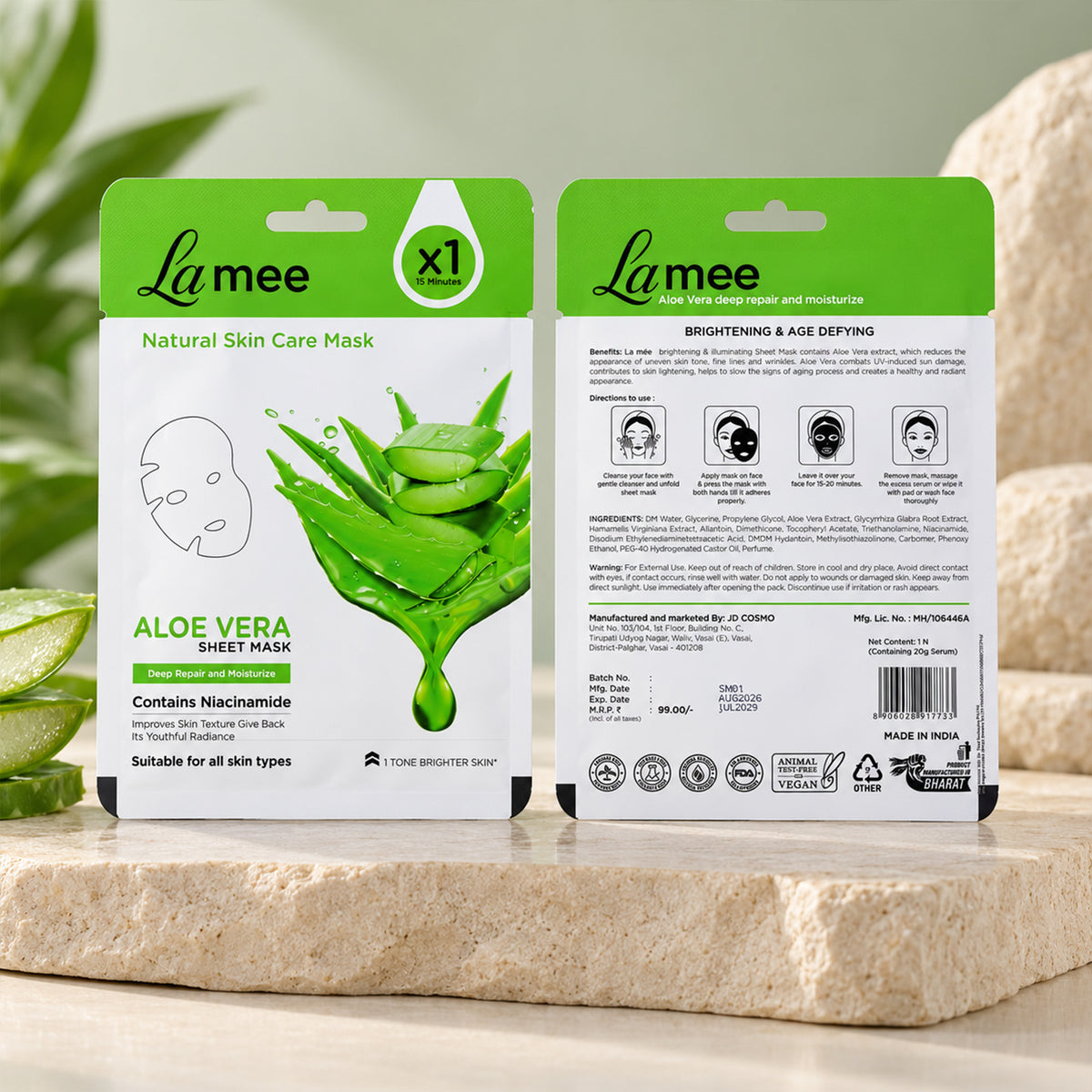 Aloe vera facial sheet mask front and back label