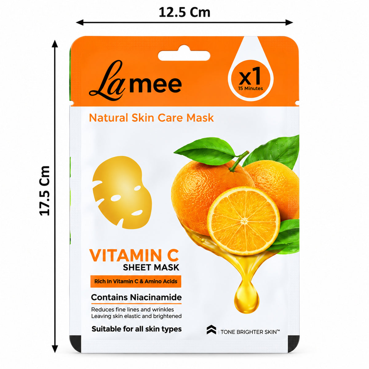 Vitamin C facial sheet mask sachet dimensions 12.5 x 17.5 Cm
