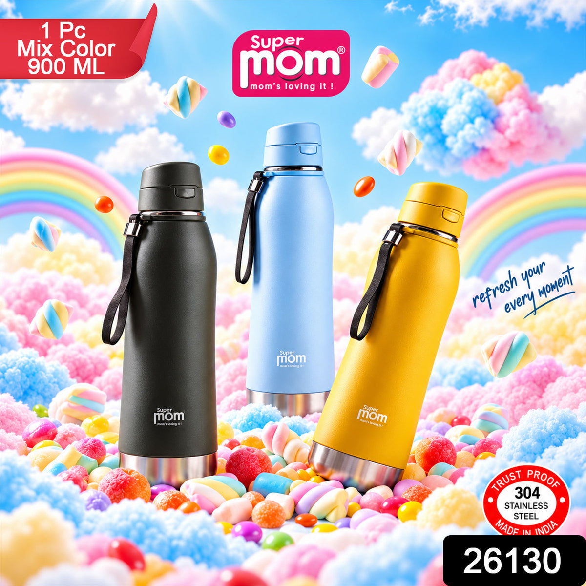 Insulated stainless steel flip lid water bottle 1 Pc Mix Color 900 ML label
