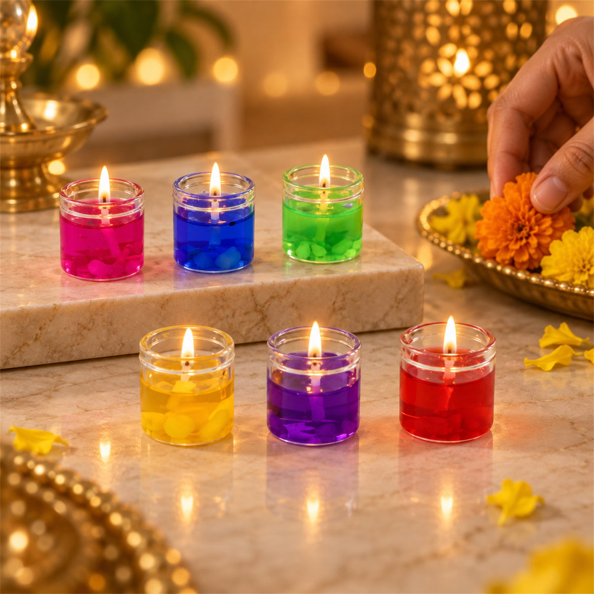 Colourful decorative gel wax candles in glass jars 07