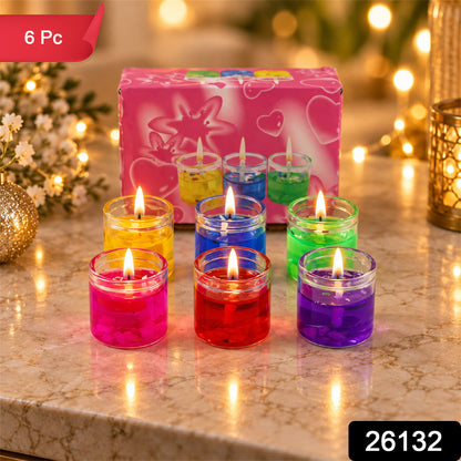 Colourful decorative gel wax candles in glass jars 6 Pc label