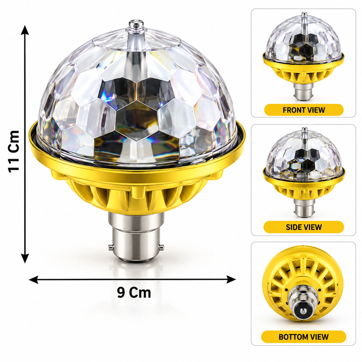 Multicolour LED disco party bulb approximate dimensions