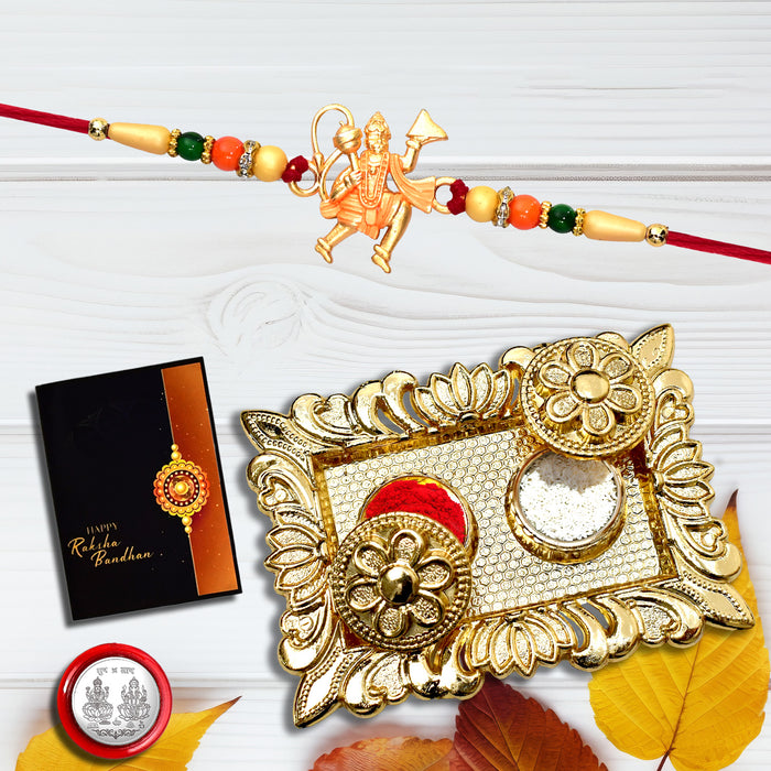 Hanumanji With Beads With Square Pooja Thali Set ,Silver Color Pooja Coin, Roli Chawal & Greeting Card