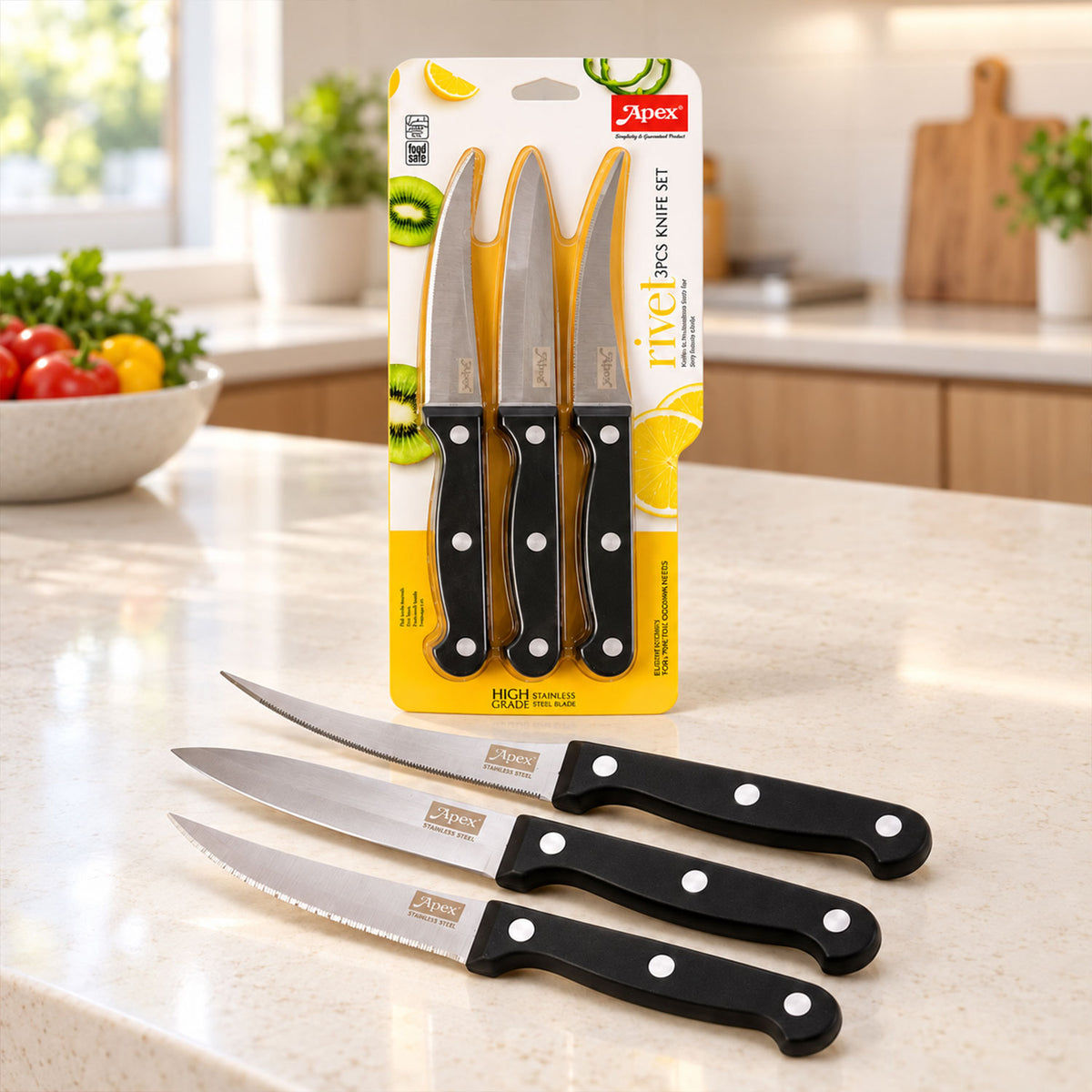 Stainless steel kitchen knife set with riveted handles - main display