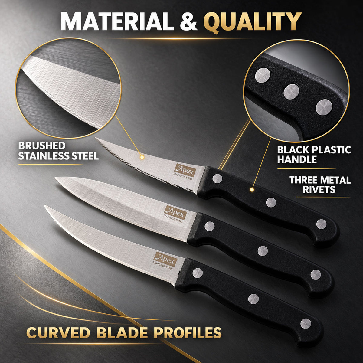 Stainless steel kitchen knife set with riveted handles - blade and handle materials