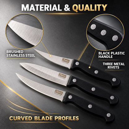 Stainless steel kitchen knife set with riveted handles - blade and handle materials