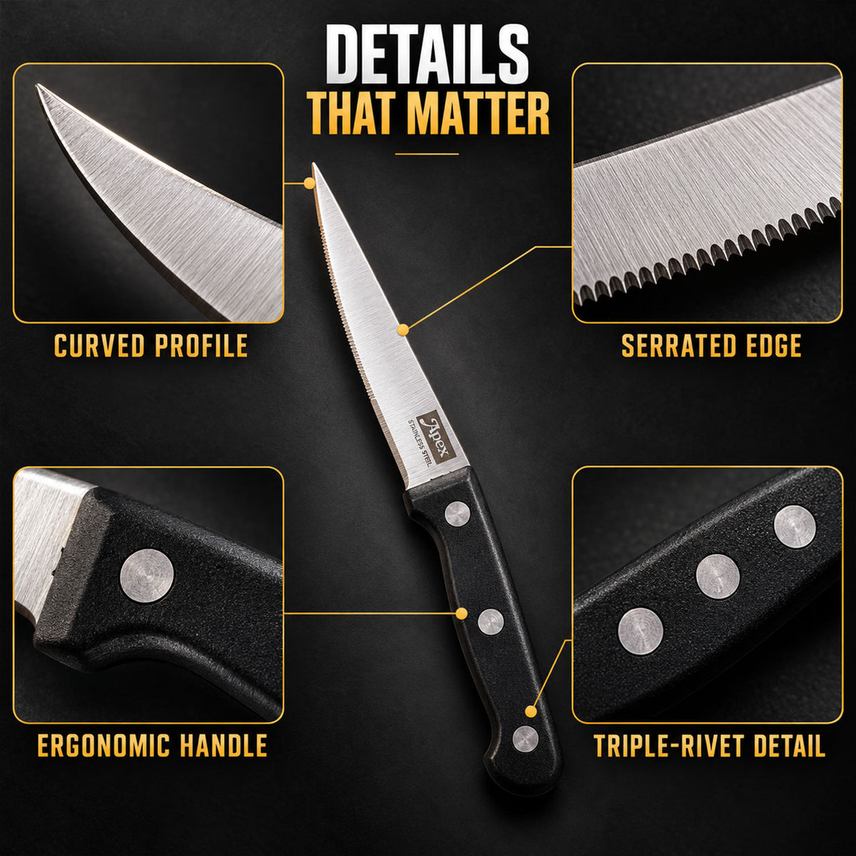 Stainless steel kitchen knife set with riveted handles - serrated edge and rivets
