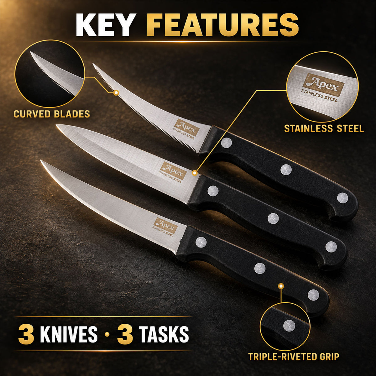 Stainless steel kitchen knife set with riveted handles - set features