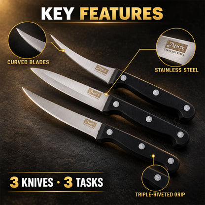 Stainless steel kitchen knife set with riveted handles - set features