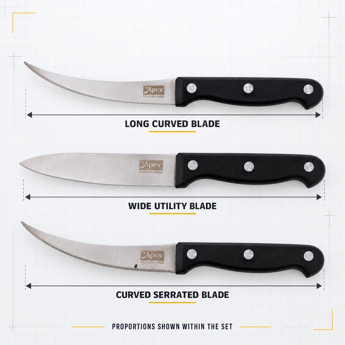 Stainless steel kitchen knife set with riveted handles - blade profile comparison