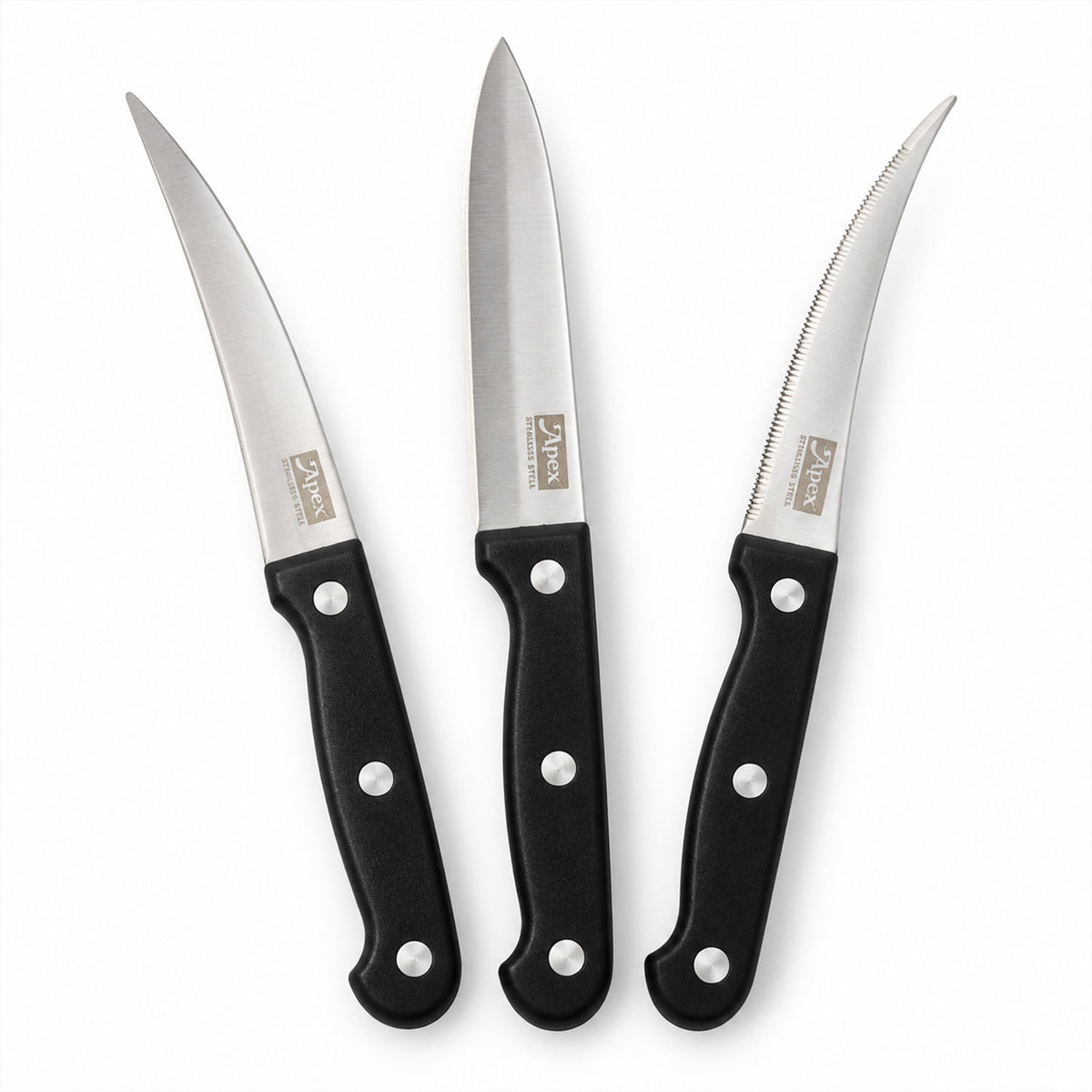 Stainless steel kitchen knife set with riveted handles - white background