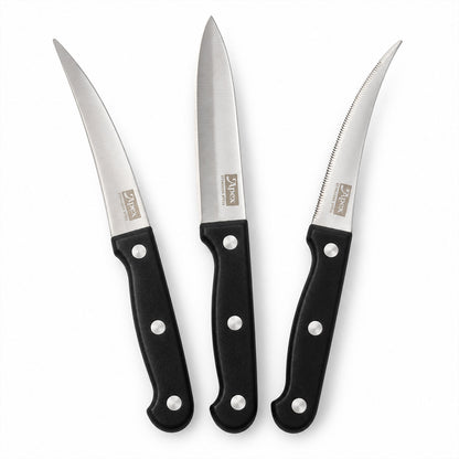 Stainless steel kitchen knife set with riveted handles - white background
