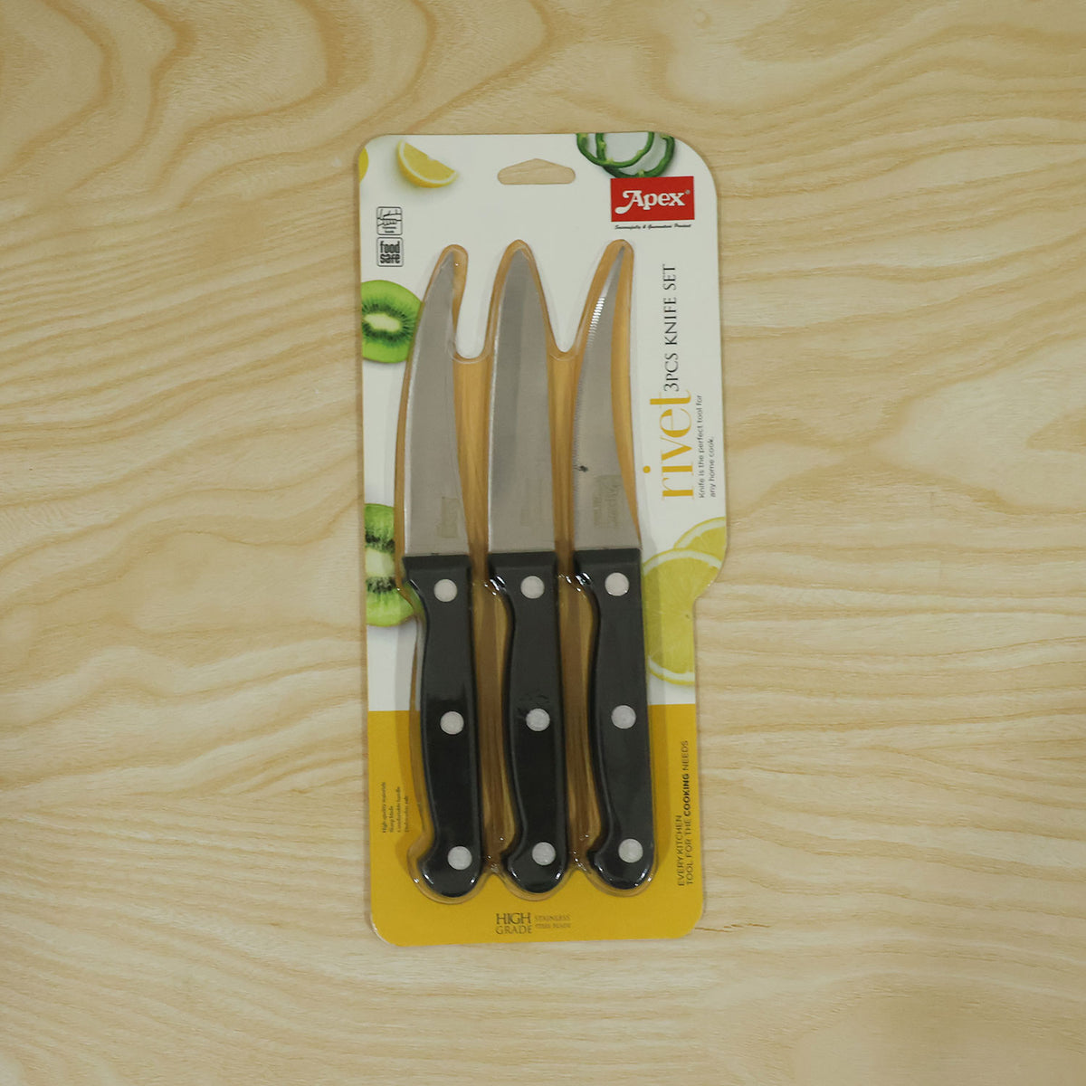 Stainless steel kitchen knife set with riveted handles - actual product and card packing