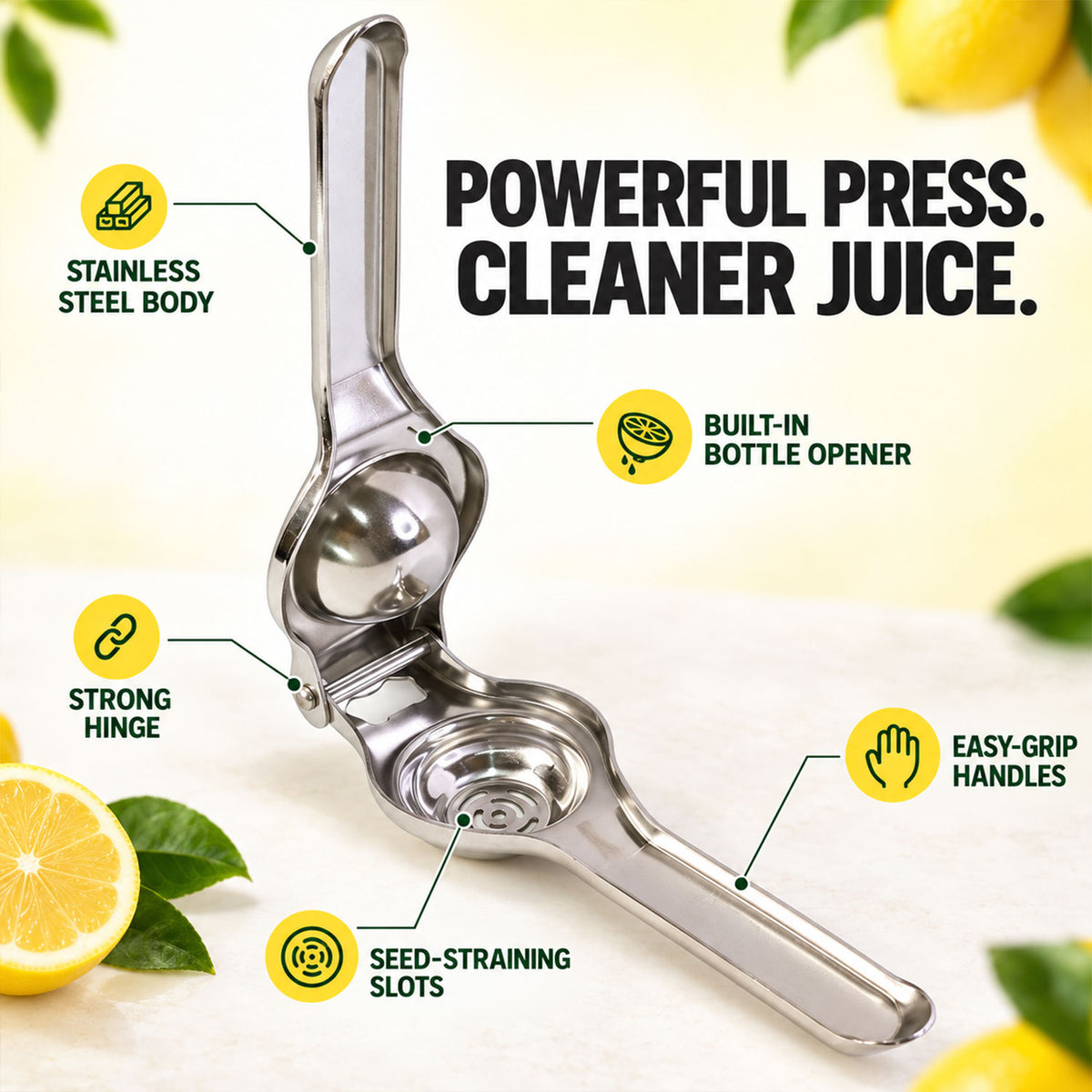 Stainless steel lemon squeezer - press and bottle opener features