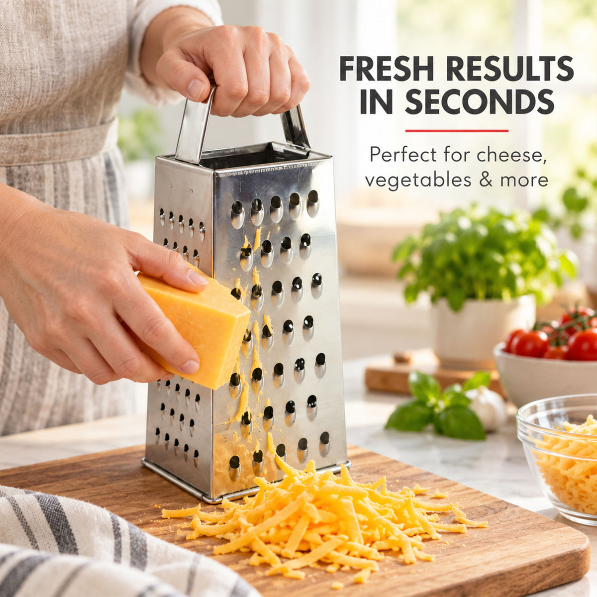 Steel box grater and slicer - cheese grating demonstration
