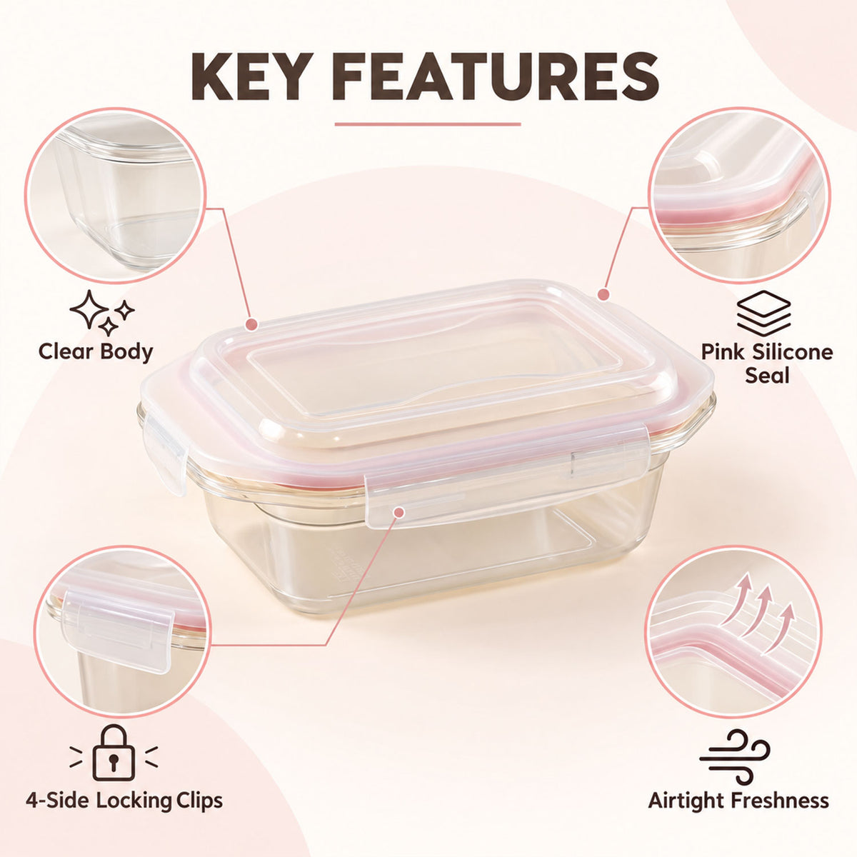 Plastic airtight food storage container - closure features