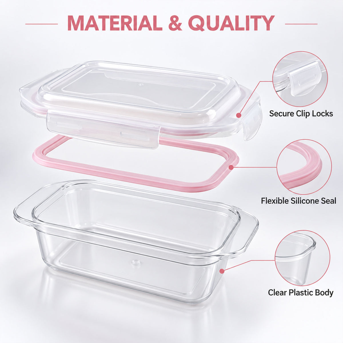 Plastic airtight food storage container - plastic body and silicone seal