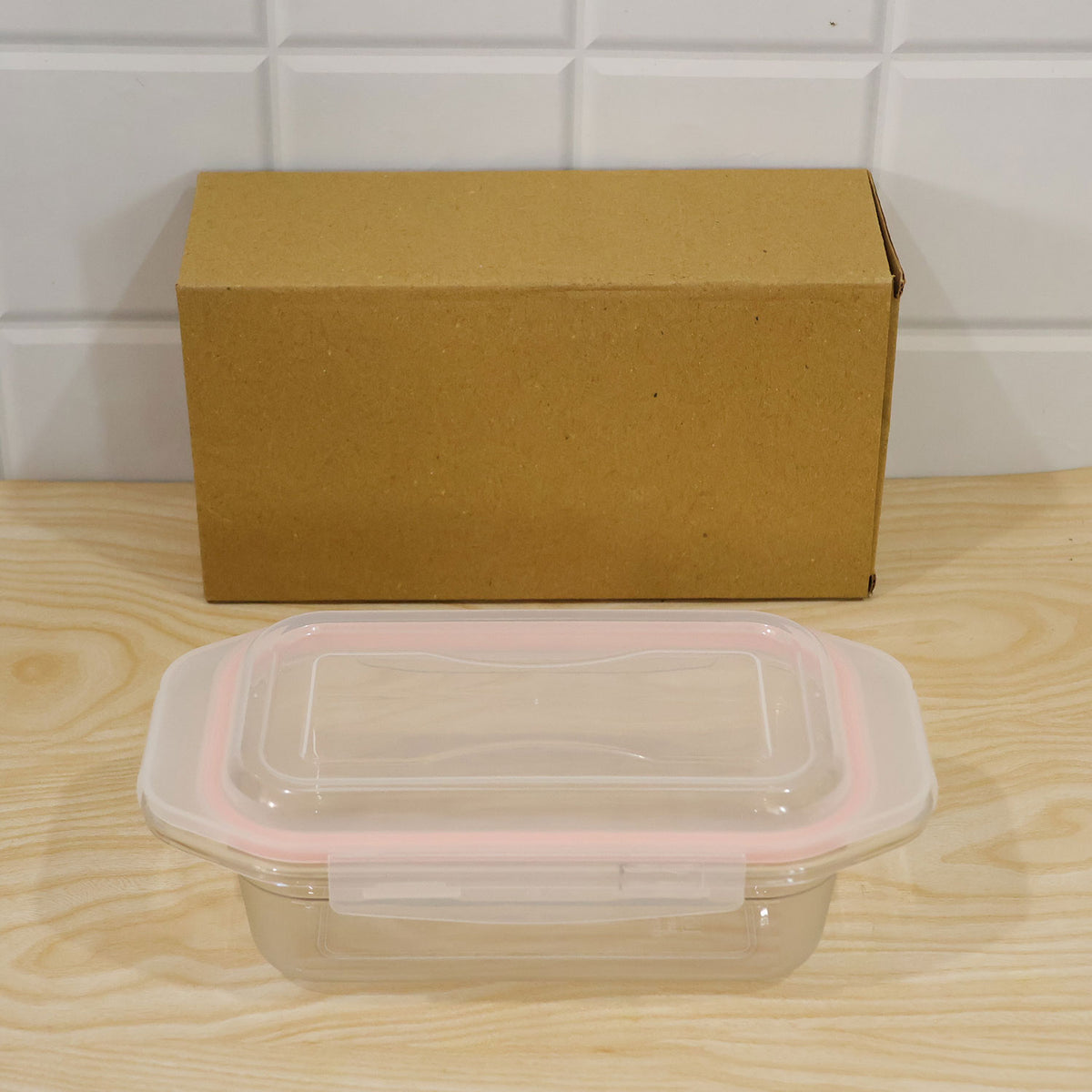 Plastic airtight food storage container - actual product and brown box
