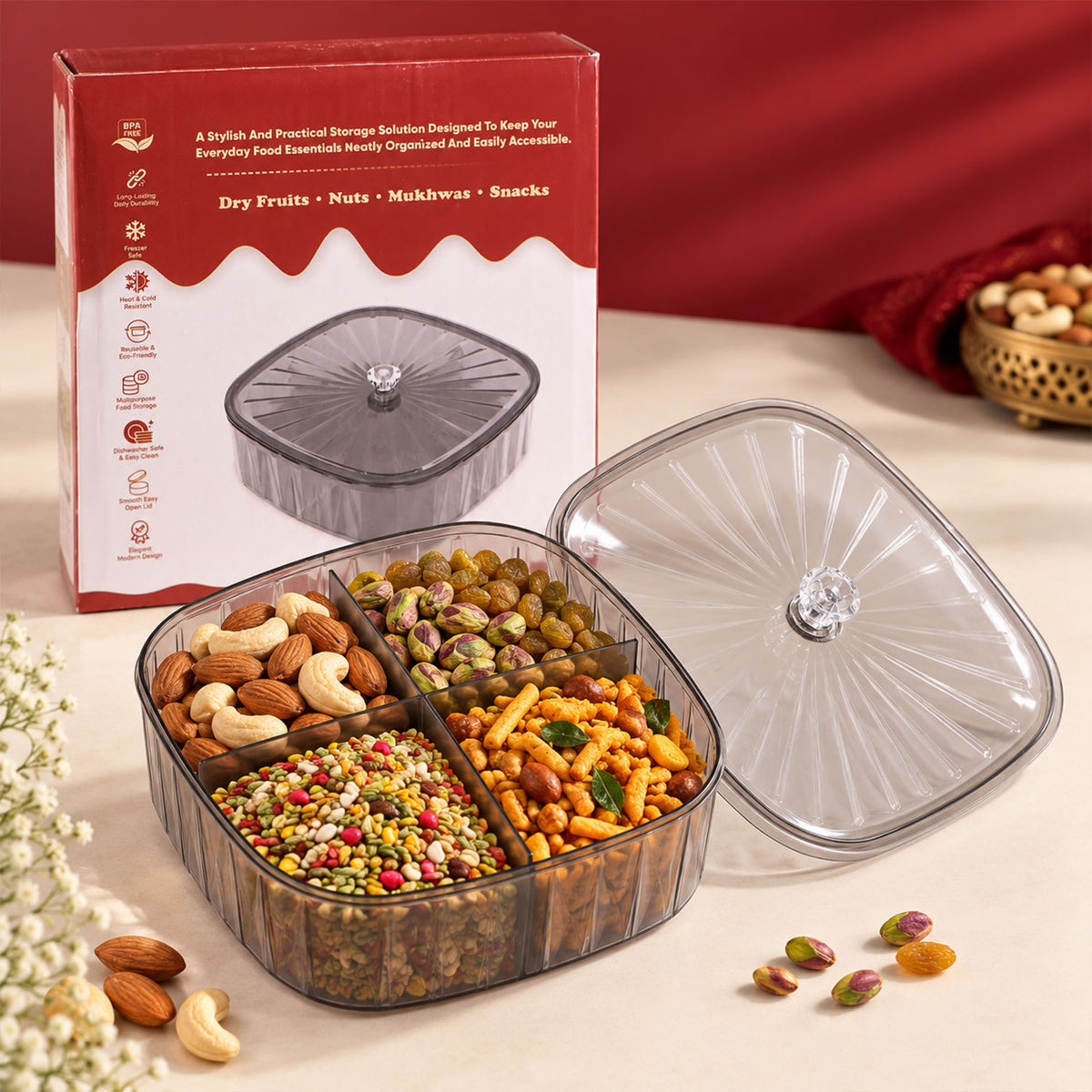 Four compartment dry fruit storage box - snack serving display
