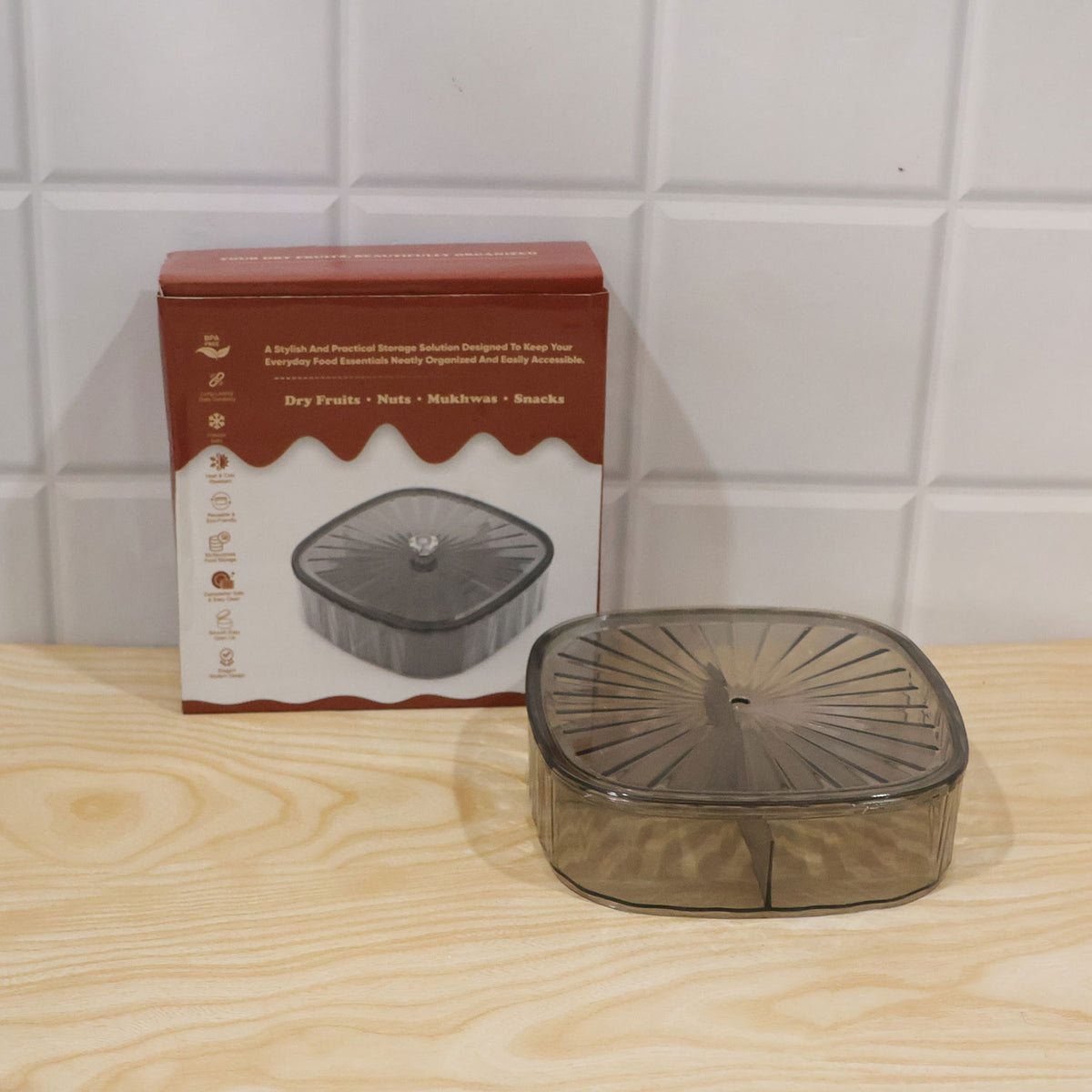Four compartment dry fruit storage box - actual product and box